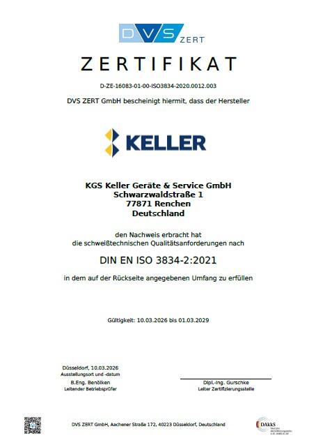 Zertifikat DIN EN ISO 3834-2 : 2021